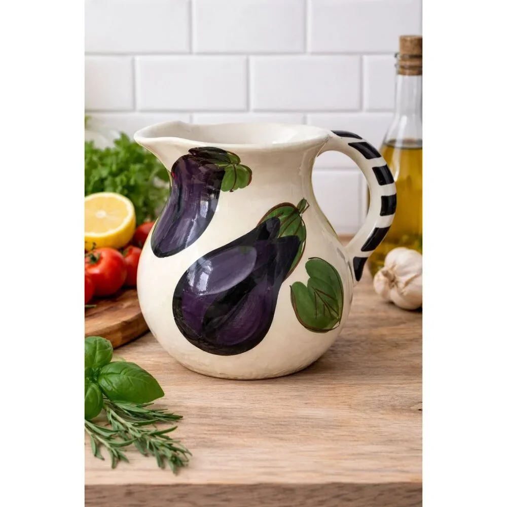 Hand-Painted Antica Fornace Italy Ceramic Pitcher With Eggplant & Leaf Design